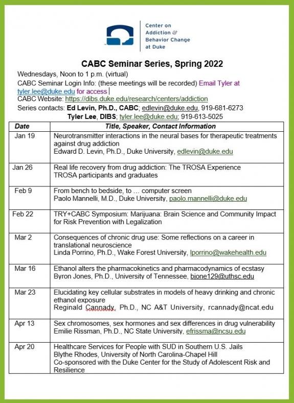 Flyer for list of CABC seminar speakers Spring 2022