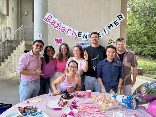 L. Bellaiche and colleagues in the LaBar lab dress up for a Barbie-Oppenheimer themed social hour.